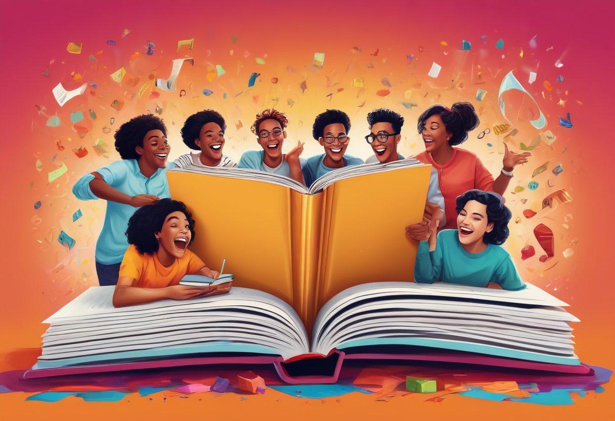 A whimsical scene depicting a diverse group of people laughing together around a large, colorful book. Each person is writing or drawing in their own unique style, surrounded by floating letters, symbols, and illustrations that represent engaging content. The background features playful cartoonish elements and hints of satire, reflecting the theme of sacanagem. The colors are vibrant and inviting, with a lighthearted atmosphere. vector art. vibrant colors.