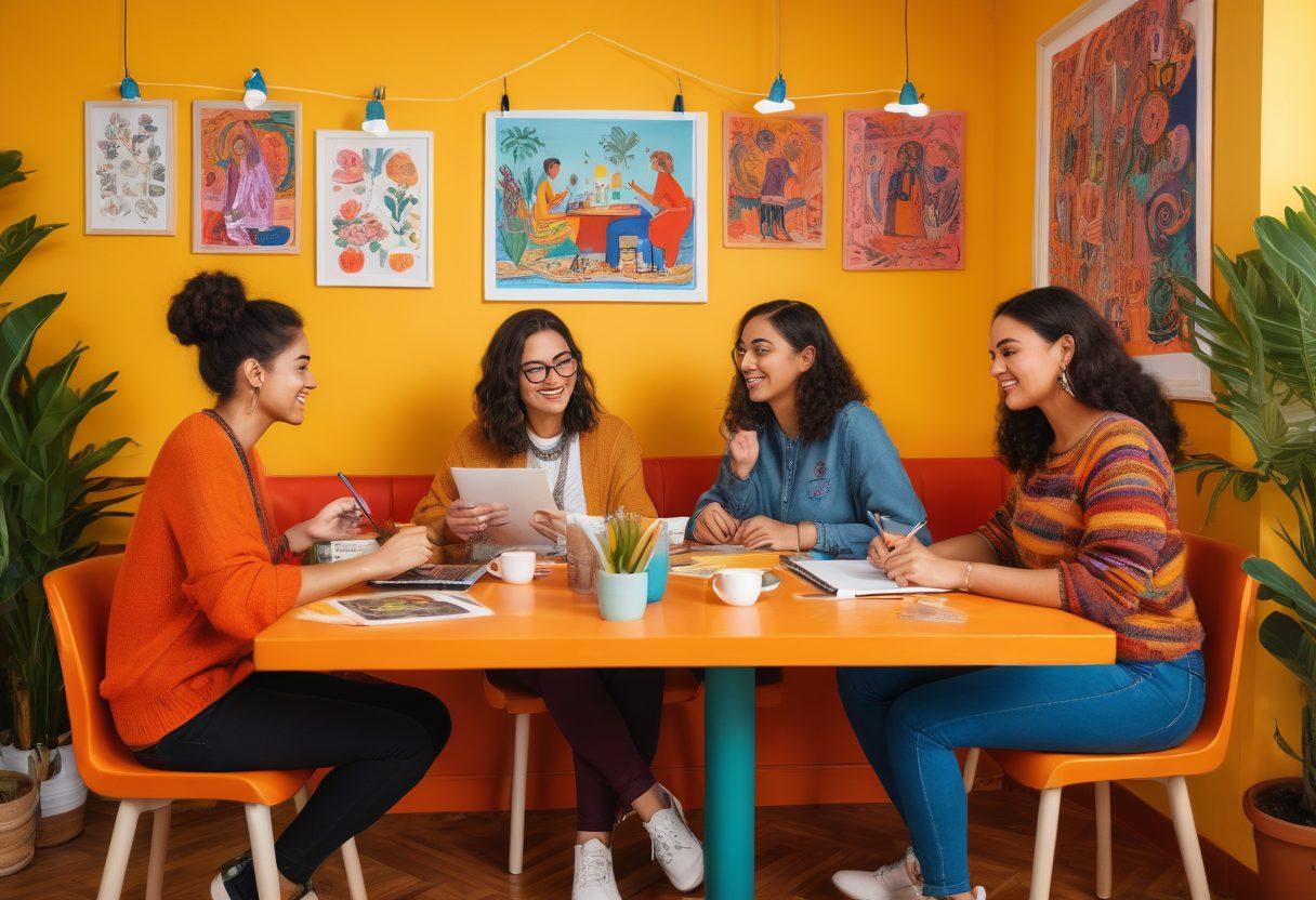 A vibrant illustration showcasing a diverse group of bloggers passionately writing in a cozy café, with unique cultural symbols and vibrant art representing the Sacanagem culture surrounding them. Each blogger is engaged in their craft, with expressive faces and dynamic postures, while colorful doodles of ideas float around. The atmosphere radiates creativity and inclusivity. vivid colors. cozy style. lively background.