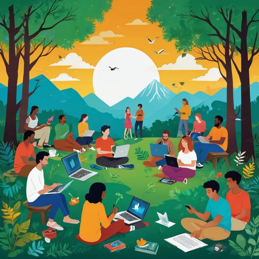A vibrant and dynamic scene showcasing a diverse group of individuals engaged in storytelling through various digital mediums, such as writing, video recording, and live streaming. The background features a whimsical blend of technology and nature, symbolizing the balance between digital life and authenticity. Include elements like laptops, smartphones, and artistic representations of social media icons. The atmosphere should convey creativity, connection, and inspiration. bright colors. illustration.